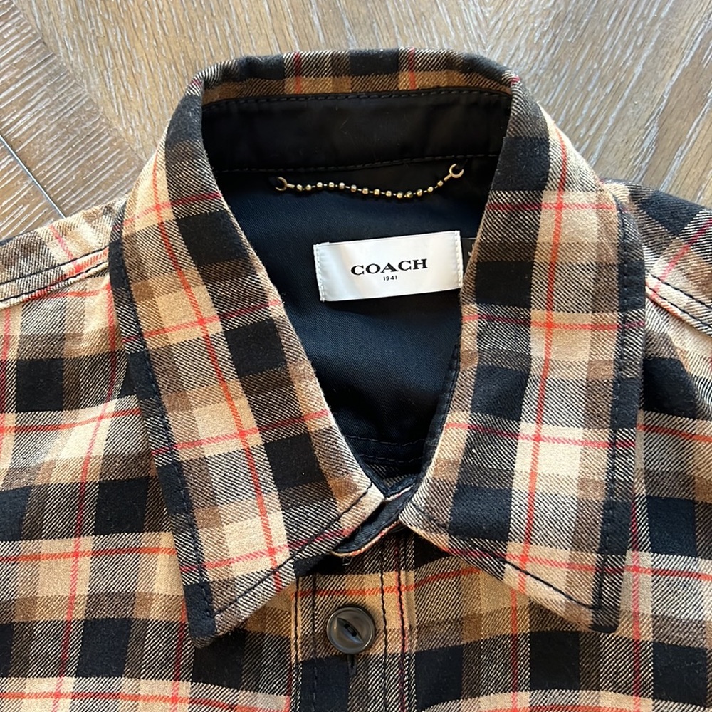 Coach men’s plaid black/tan/red heavy wool button down shirt, size Large - Picture 11 of 11